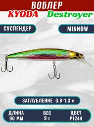 Воблер KYODA Destroyer Minnow-90SP, длина 9,0 см, вес 9.0 гр цвет P1244, заглубление 0,8-1.3 м